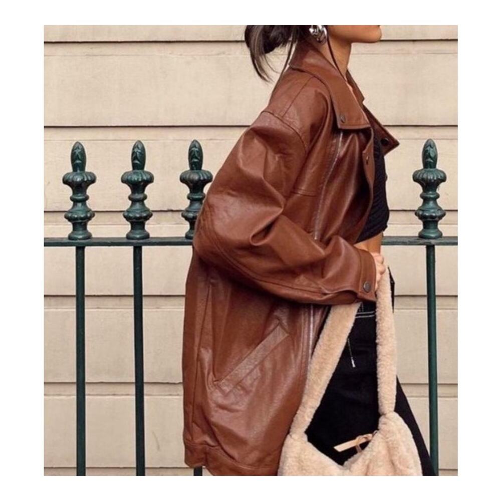 Princess Polly - Next In Line Faux Leather Oversized Biker Jacket in Brown - Picture 4 of 5